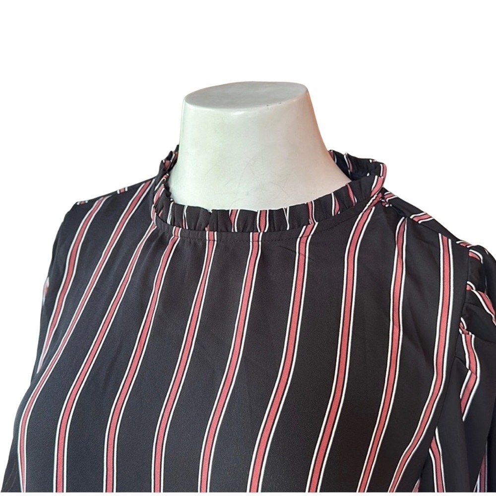 Haute Monde Black & Mauve Striped Ruffled High Neck Long Sleeve Blouse Sz S NWT